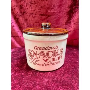 Vintage Kitchen - Crock Stoneware Cookie Jar - Grandmas Snacks for VIP Children